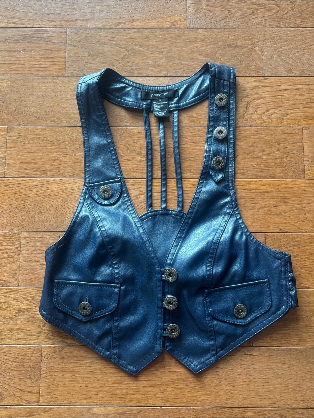 paper tee Y2K Navy Blue Faux Leather Vest with Button Details